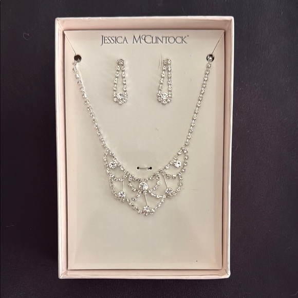 Jessica McClintock Rhinestone Necklace and Earrings with Elegant Design - Picture 1 of 5